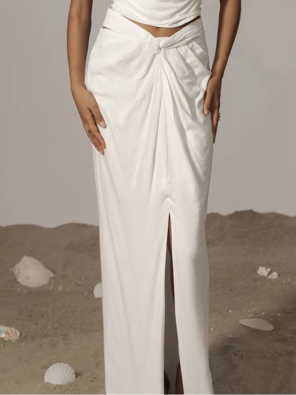 White Maxi Linen Skirt with Front Slit and Twist Detail